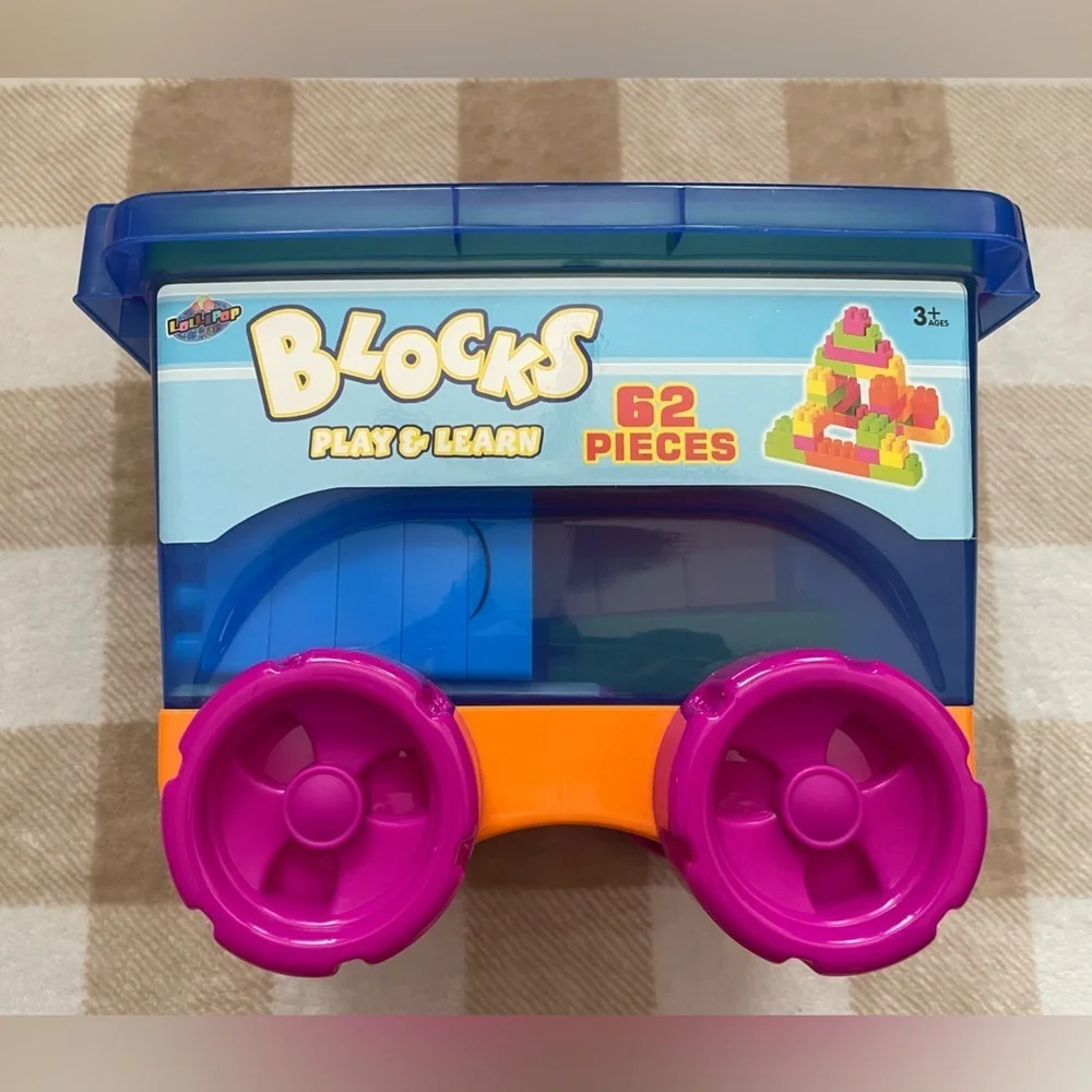 Lollipop 62 Piece Block Set with Toy Block Storage Box with Pink Wheels